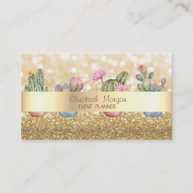 Modern Elegant Glittery Bokeh Succulents Business Card (Front)