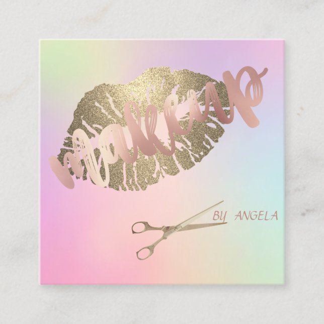 Modern Elegant Glittery Lips,Scissors Holographic Square Business Card (Front)