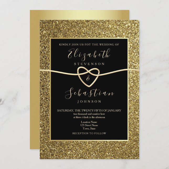 Modern Elegant Gold and Black Wedding Invitation (Front/Back)