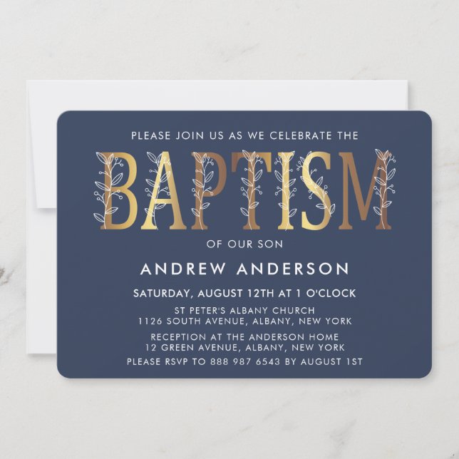 Modern Elegant Gold And Navy Blue Baptism Invitation (Front)