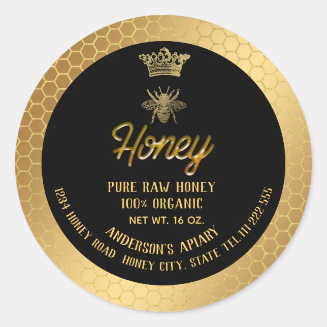 Modern elegant gold bee crown honey comb honey jar classic round sticker (Front)