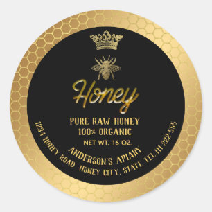 Modern elegant gold bee crown honey comb honey jar classic round sticker