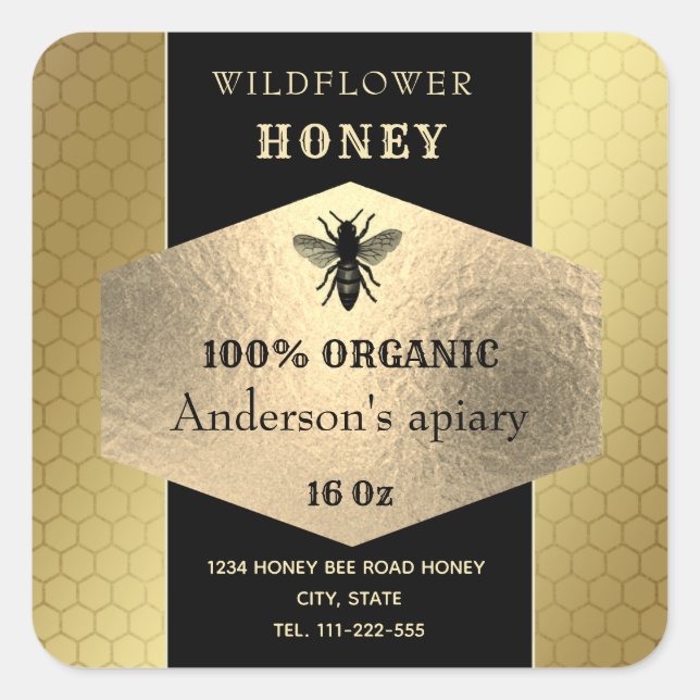 Modern elegant  gold  bee honey jar label (Front)