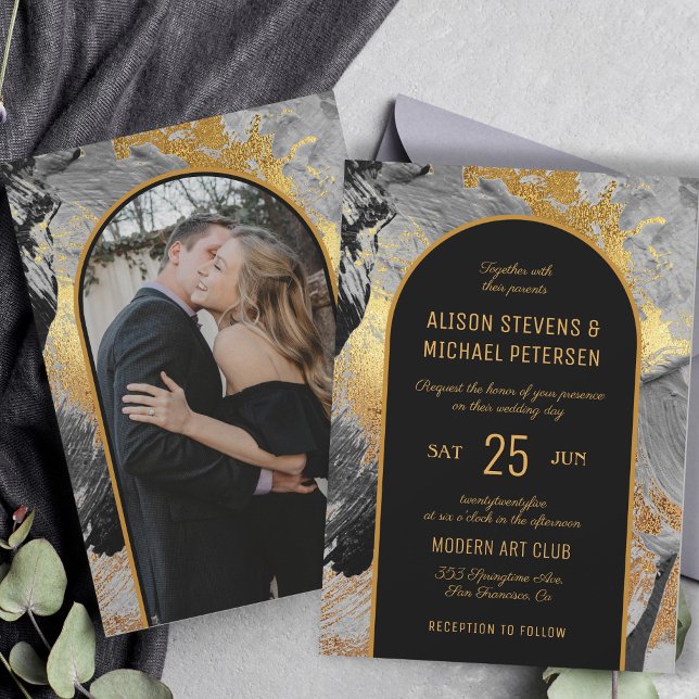 Modern elegant gold black abstract PHOTO wedding Invitation (Creator Uploaded)