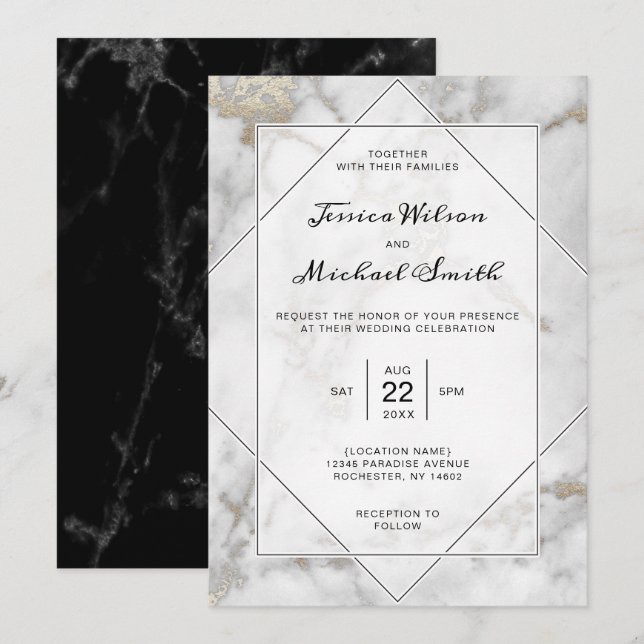 Modern Elegant Gold Black and White Marble Wedding Invitation (Front/Back)