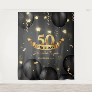 Modern elegant Gold black birthday backdrop Tapestry