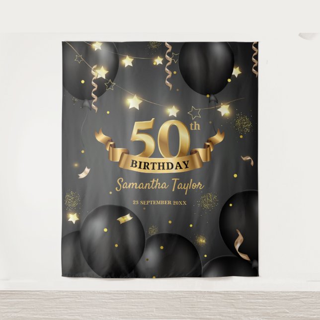 Modern elegant Gold black birthday backdrop Tapestry (Front)