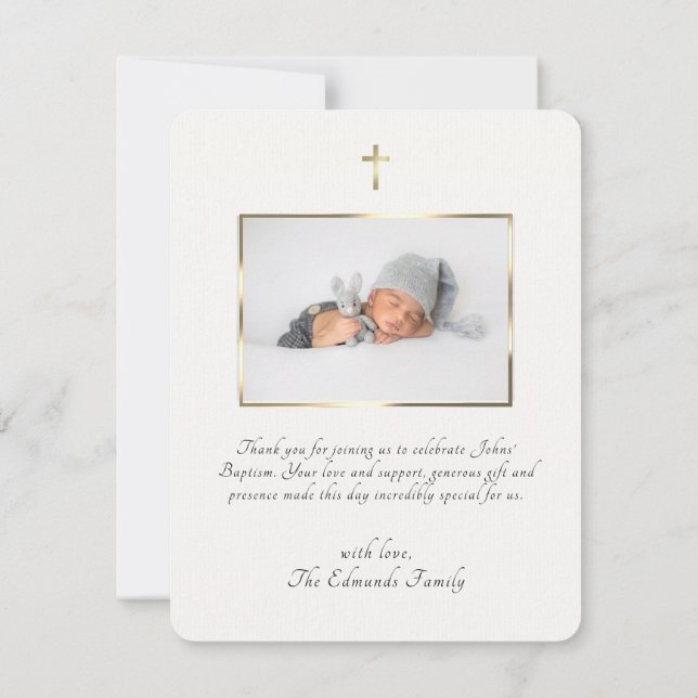Modern Elegant Gold & Black Calligraphy Baptism  Thank You Card (Back)