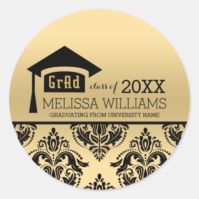Modern Elegant Gold & Black Damask 2016 Graduation Classic Round Sticker (Front)