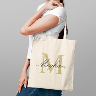 Modern Elegant Gold Black Personalised Monogram Tote Bag