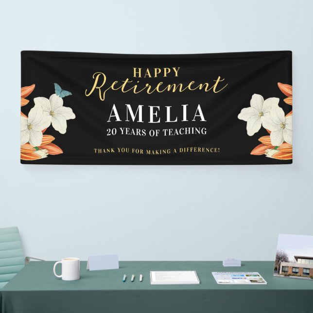 Modern Elegant Gold Black Retirement Floral  Banner (Tradeshow)