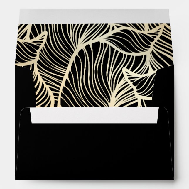 Modern Elegant Gold & Black Tropical Leaf Wedding Envelope (Back (Bottom))