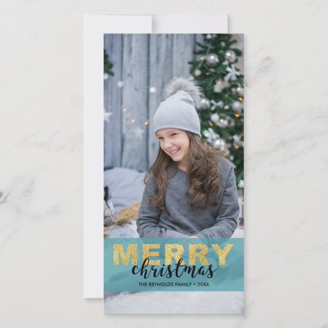 Modern Elegant Gold Blue Merry Christmas Photocard Holiday Card (Front)
