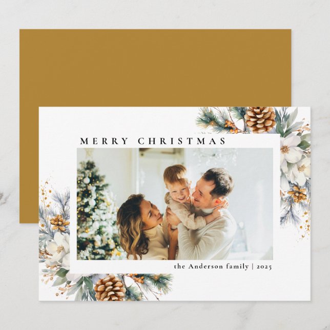 Modern Elegant Gold Botanical | Photo Christmas Holiday Card (Front/Back)