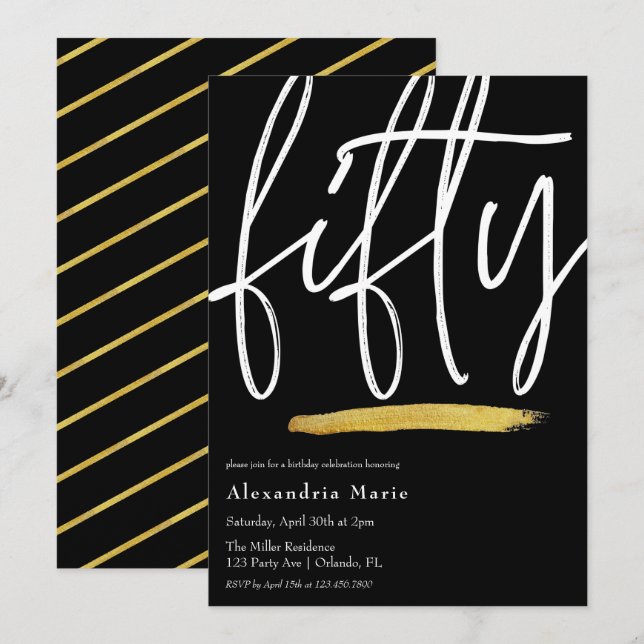 Modern Elegant Gold Brushstroke 50th Birthday Invitation (Front/Back)