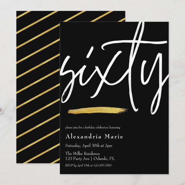 Modern Elegant Gold Brushstroke 60th Birthday  Invitation (Front/Back)