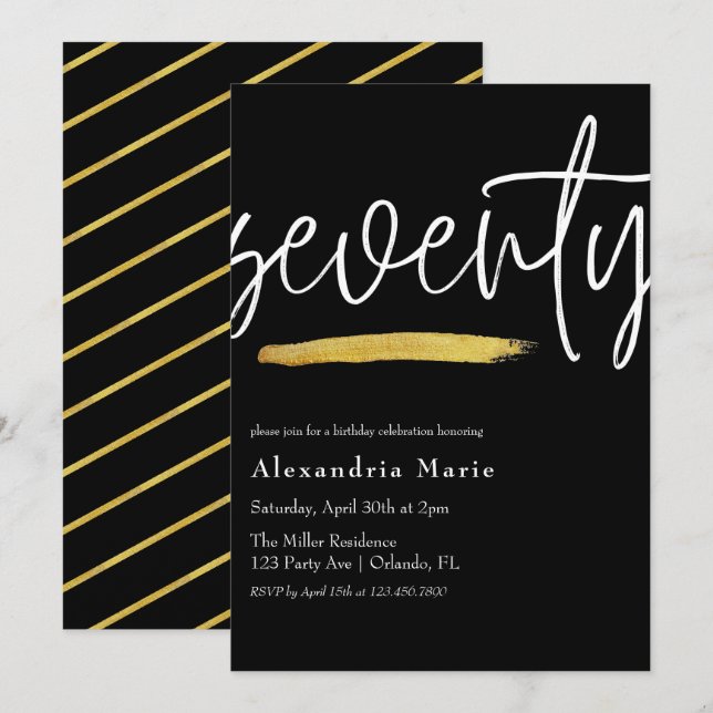 Modern Elegant Gold Brushstroke 70th Birthday  Invitation (Front/Back)