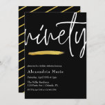 Modern Elegant Gold Brushstroke 90th Birthday  Invitation<br><div class="desc">Celebrate the big 90 ninetieth birthday with class with this modern elegant 90th birthday party invitation. Design features the word "ninety" in a classy handwritten script font accented by a pretty gold glitter glam brushstroke. Bottom left of the card showcases the details of the birthday celebration which can be totally...</div>