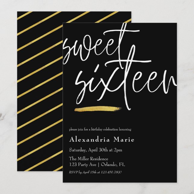 Modern Elegant Gold Brushstroke Sweet 16 Birthday Invitation (Front/Back)