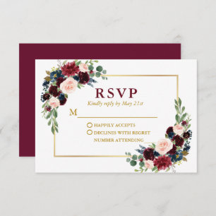 Modern Elegant Gold Burgundy Blue Floral Wedding RSVP Card
