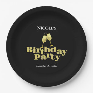 Modern Elegant Gold Champagne Black Birthday Party Paper Plate