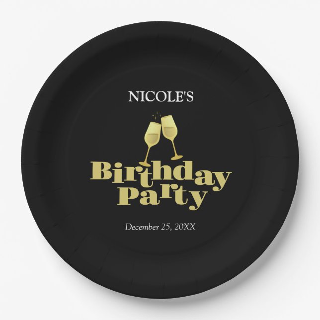 Modern Elegant Gold Champagne Black Birthday Party Paper Plate (Front)