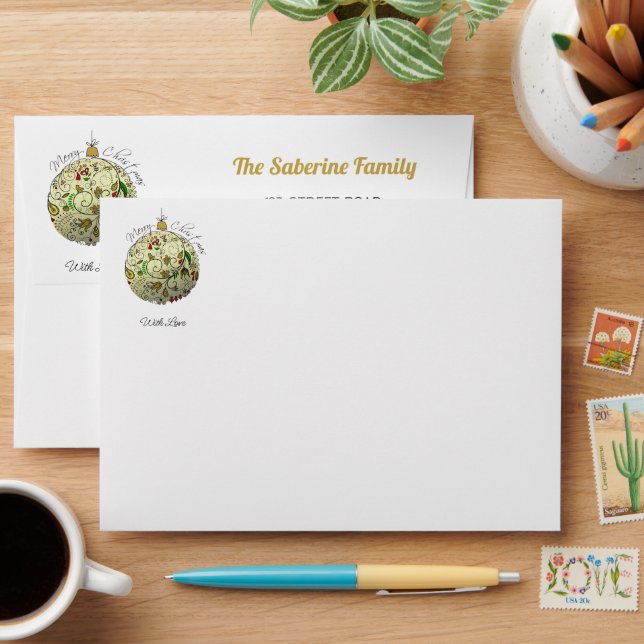 Modern Elegant Gold Christmas Doodle Ornament  Envelope (Desk)