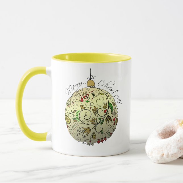 Modern Elegant Gold Christmas Doodle Ornament  MUG (With Donut)
