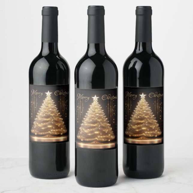 Modern Elegant Gold Christmas Tree Wine Label (Bottles)