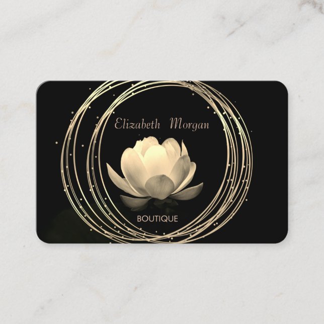 Modern Elegant Gold Circles Gold Lotus Black Business Card (Front)