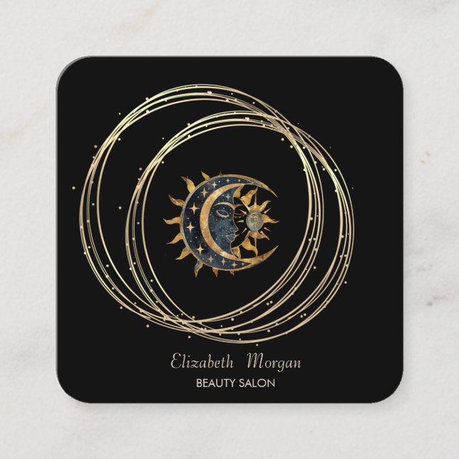 Modern Elegant Gold Circles Sun Moon Black Square Business Card (Front)