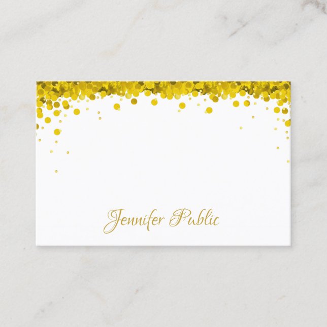 Modern Elegant Gold Confetti Hand Script Text Business Card (Front)