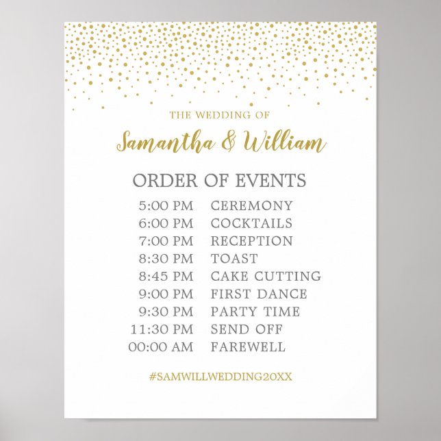 Modern Elegant Gold Confetti Wedding Schedule Sign (Front)