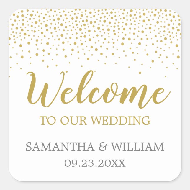 Modern Elegant Gold Confetti Wedding Welcome Bag Square Sticker (Front)