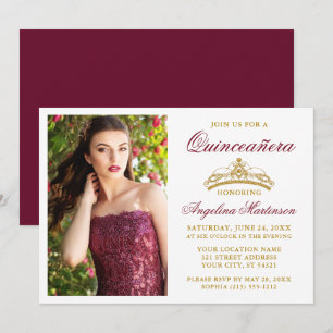 Modern Elegant Gold Crown Burgundy Quinceanera Invitation