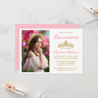 Modern Elegant Gold Crown Photo Pink Quinceanera