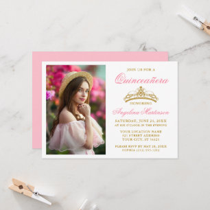 Modern Elegant Gold Crown Photo Pink Quinceanera Invitation