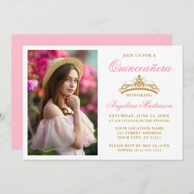 Modern Elegant Gold Crown Photo Pink Quinceanera Invitation (Front/Back)