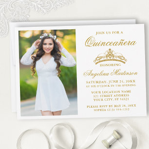 Modern Elegant Gold Crown Photo Quinceanera Invitation