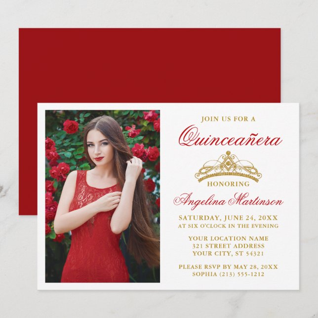 Modern Elegant Gold Crown Photo Red Quinceanera Invitation (Front/Back)