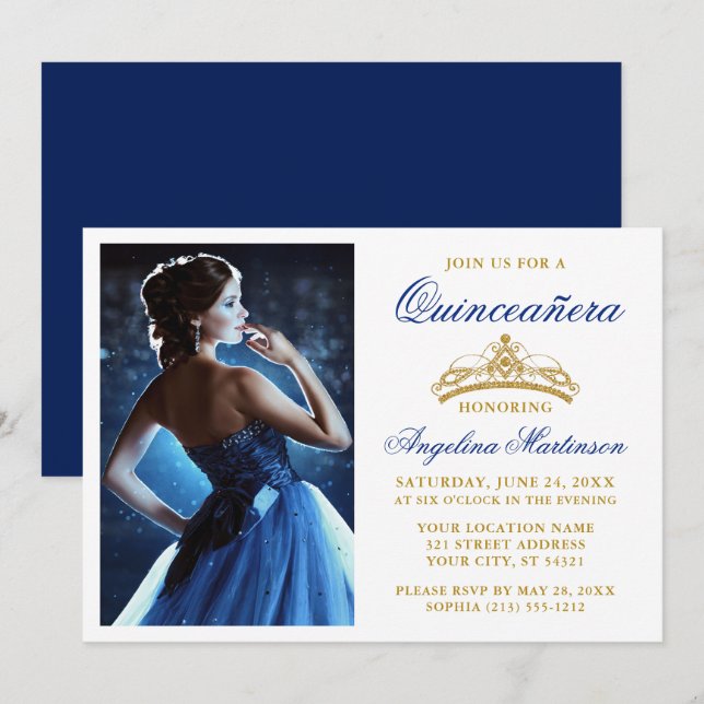 Modern Elegant Gold Crown Royal Blue Quinceanera Invitation (Front/Back)