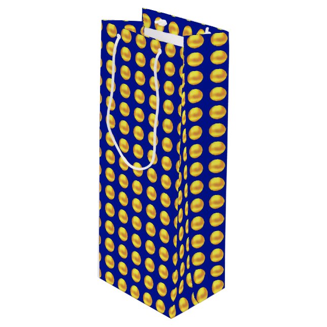 Modern Elegant Gold Dots on Blue Wine Gift Bag (Front Angled)