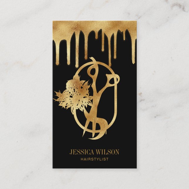 Modern Elegant Gold Drips Hairstylist Scissors Business Card (Front)
