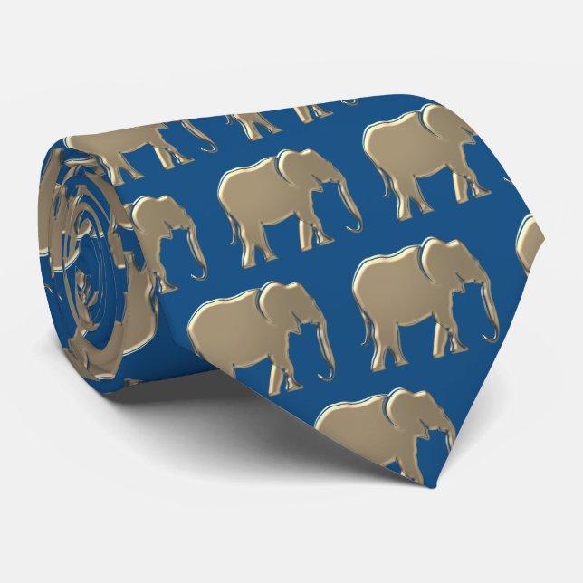 Modern Elegant Gold Elephant Pattern Classic Blue Tie (Rolled)