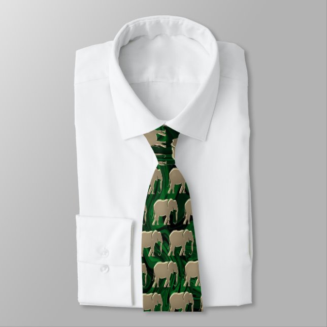 Modern Elegant Gold Elephant Pattern Emerald Green Tie (Tied)