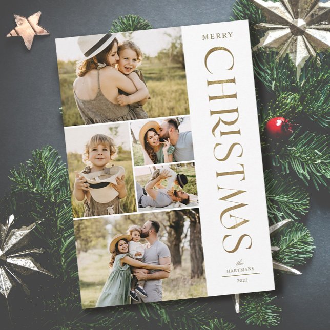 Modern Elegant Gold Five Photo Collage Christmas  Holiday Card (Creator Uploaded)