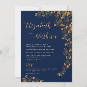 Modern Elegant Gold Floral Navy Blue Quote Invitation