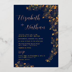 Modern Elegant Gold Floral Navy Blue Wedding 