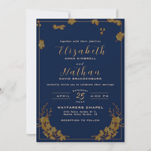 Modern Elegant Gold Floral Navy Blue Wedding Invitation (Front)
