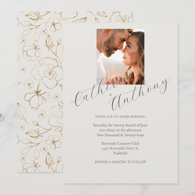 Modern Elegant Gold Floral Photo Wedding  Invitation (Front/Back)